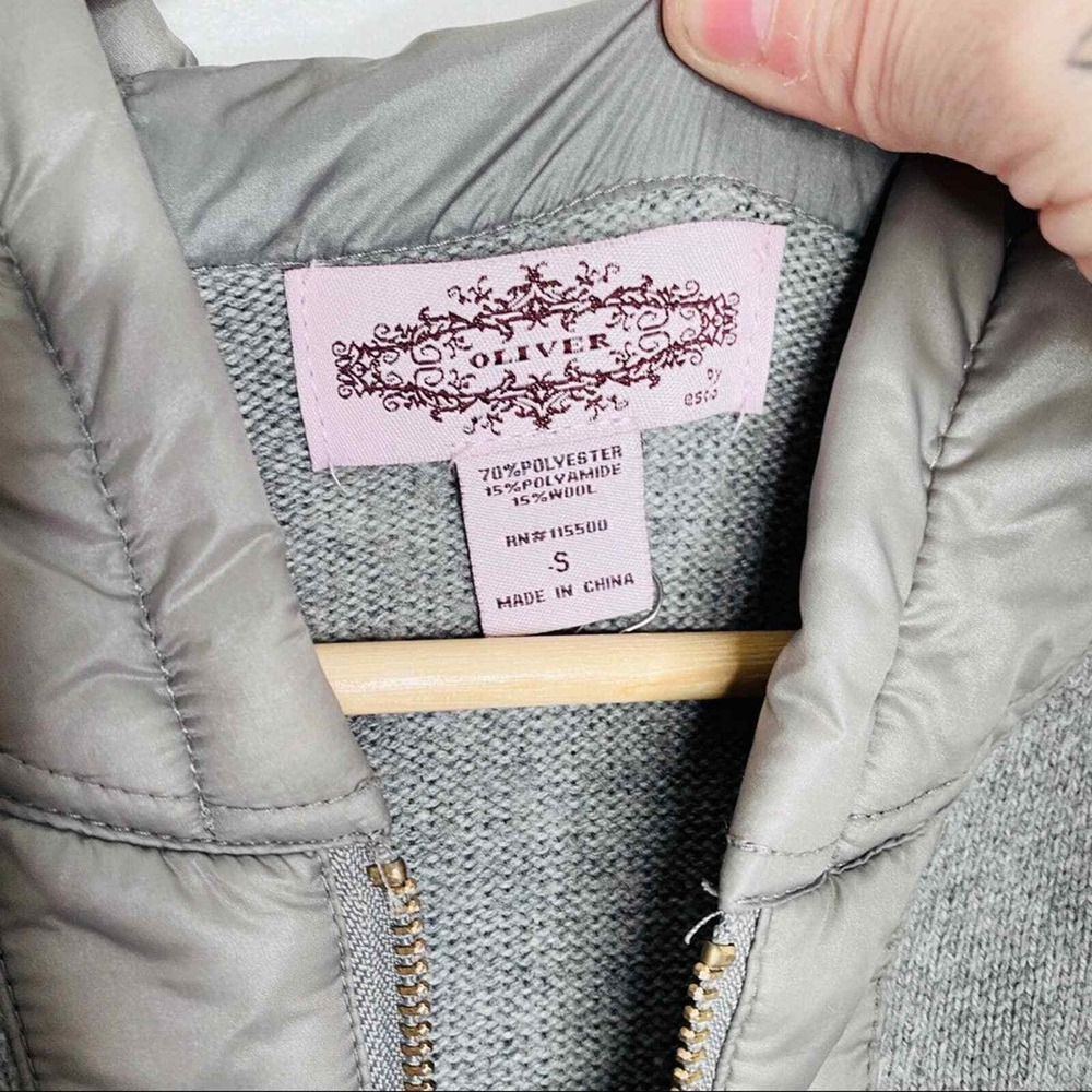 Oliver by Esst Gray Hooded Knit Cardigan Quilted Trim Zip Up Jacket Small Anthro - Picture 5 of 6